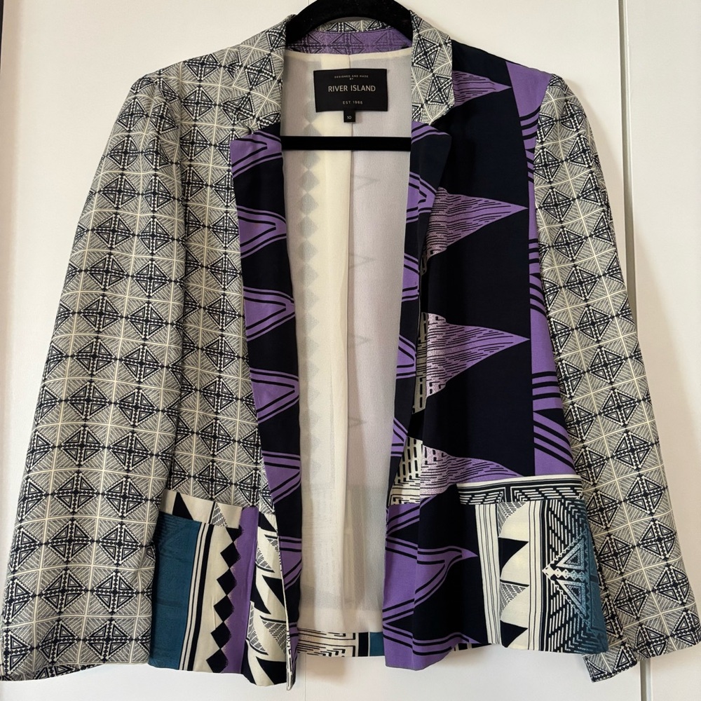 River Island Women’s Geometric Print Blazer UK 10 US M Purple Black 80s Tribal